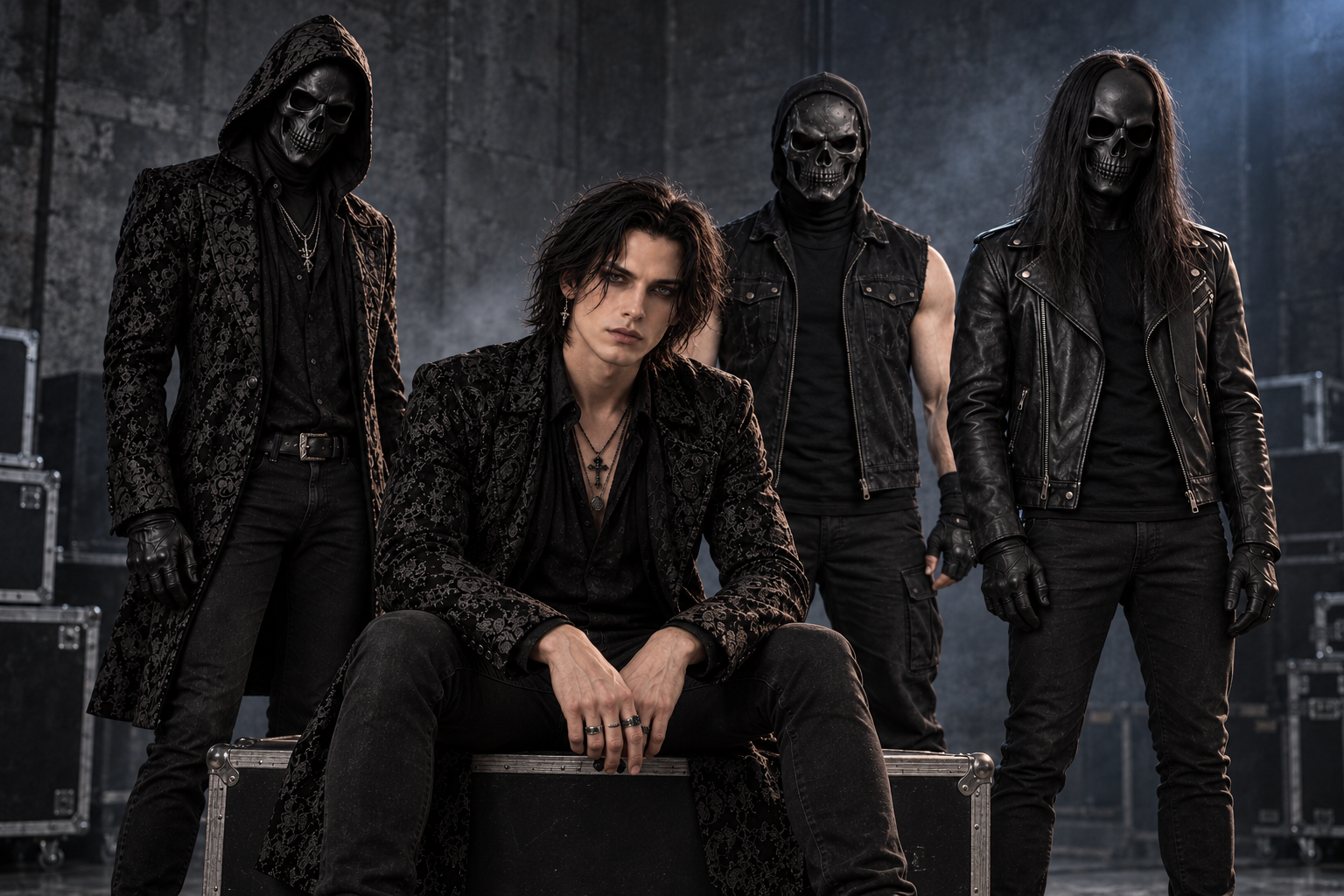 Sebastian with the three masked members of fictional rock band Black Altar