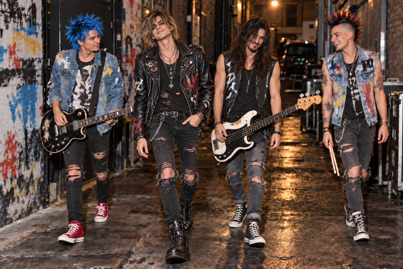 The four fictional members of The Static Youth with colorful hair, guitars and rock clothing in an alley