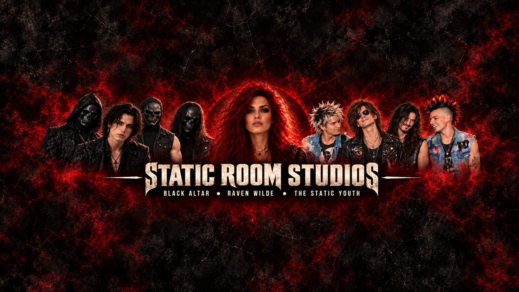 Static Room Studios: Black Altar, Raven Wilde and The Static Youth against a red and black backdrop